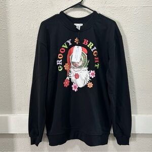 Better/Together Groovy & Bright Santa Print Black Sweatshirt Size S NWT